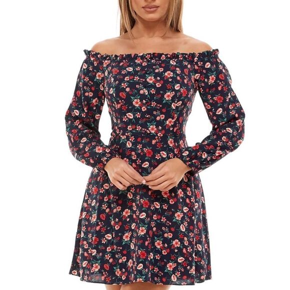 B. Darlin Women's Navy Blue & Red Off-The-Shoulder A-Line Dress Size 13/14 NWT - Picture 1 of 12